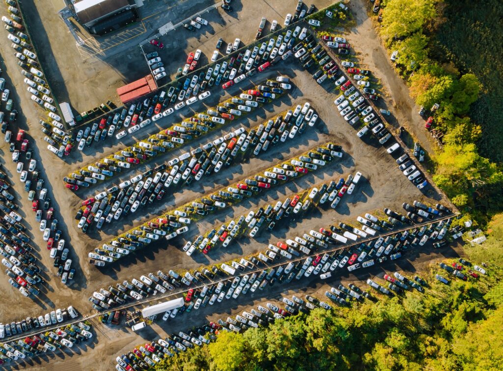 Auction lot on car distributed in used cars terminal parked